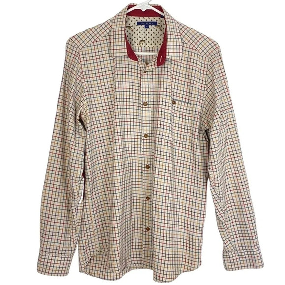 Ted Baker Mens Button Down Shirt Neck 16 Size Medium Plaid Beige Red Elbow Pads - Picture 1 of 12